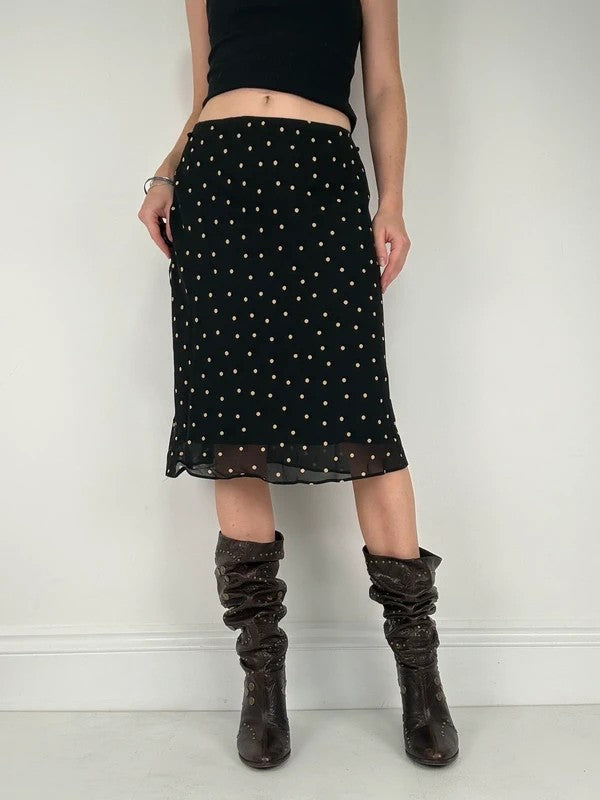 Black and white polkadot flutter midi skirt