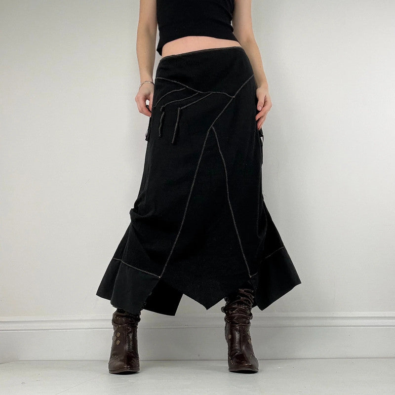 panelled patchwork asymmetric black midi skirt