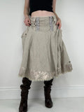 Khaki flared ruffle drop waist midi skirt