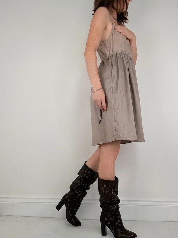 brown cotton pleated flared french midi dress