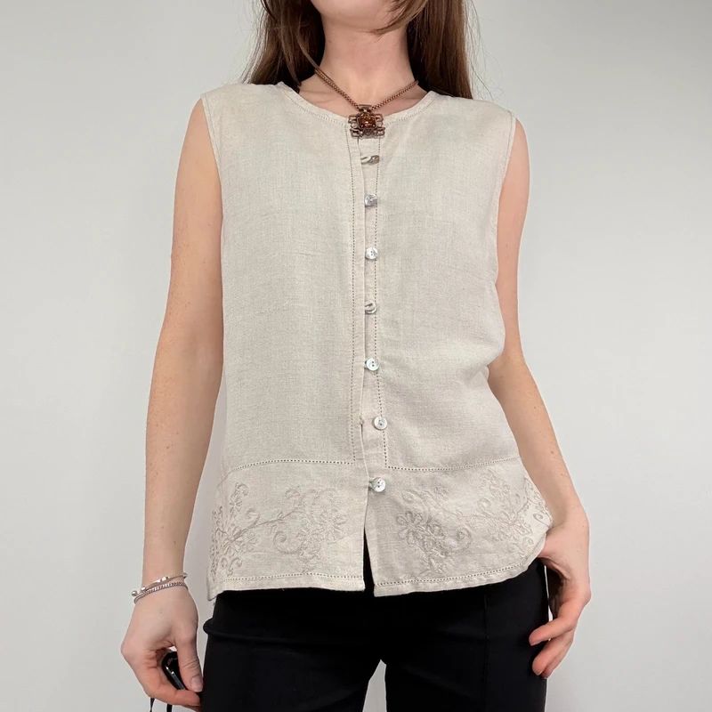 tan linen button vest