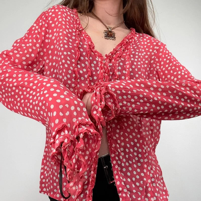 Red polka dot flutter fray blouse with hook and eyes