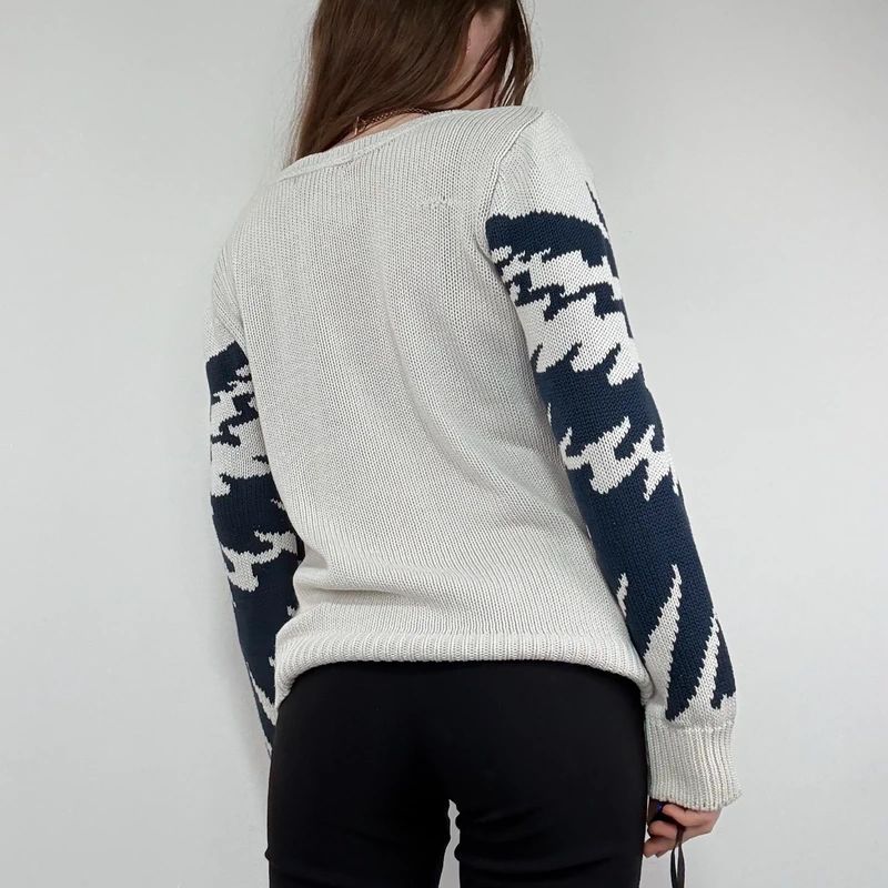chunky knitted slouchy neck graphic jumper
