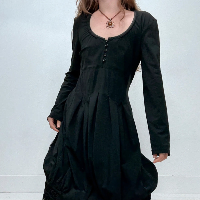 black long sleeve pleated puff midi dress