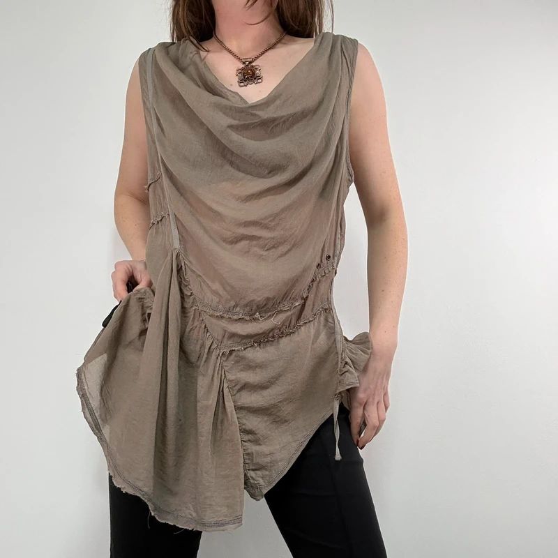 khaki brown draped slouchy asymmetric vest
