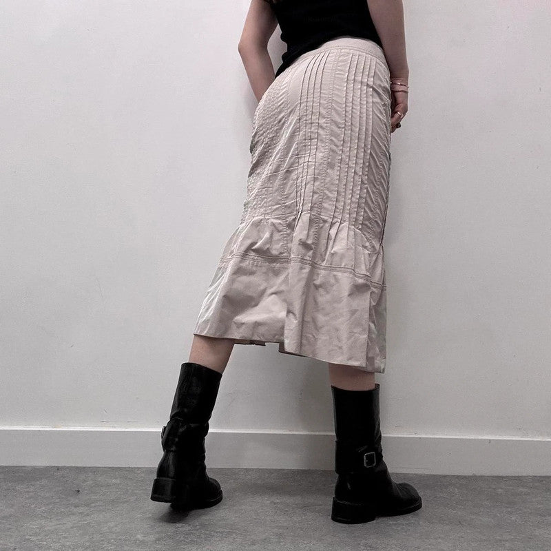 tan pleated flared midi skirt