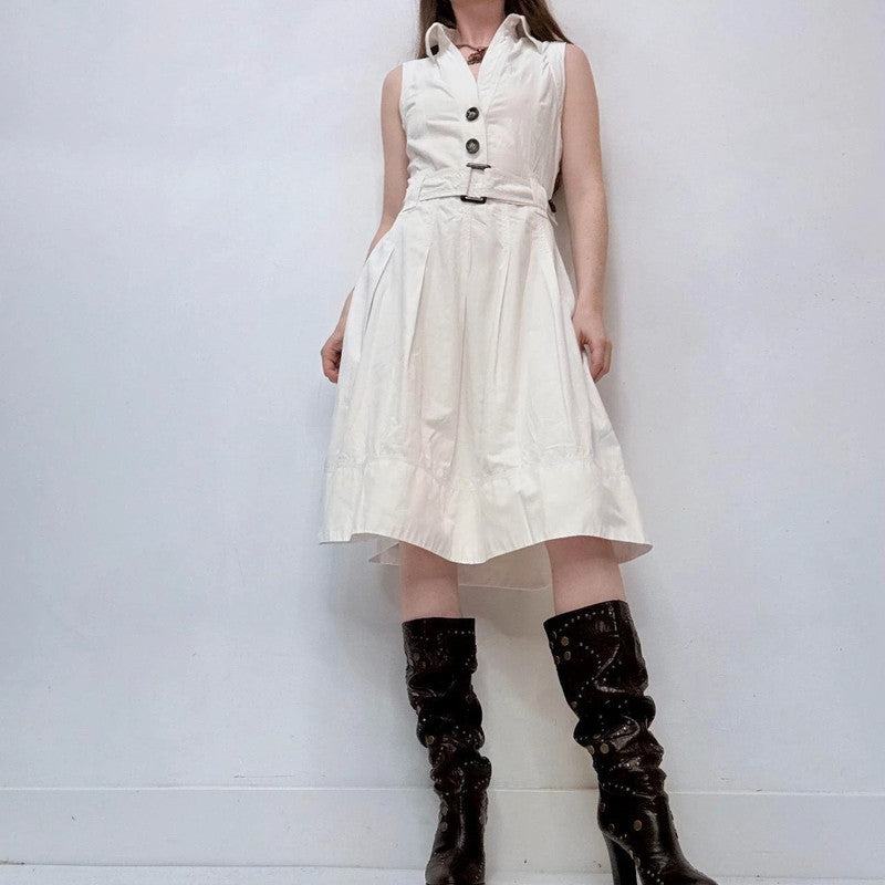 white flared button fitted midi dress
