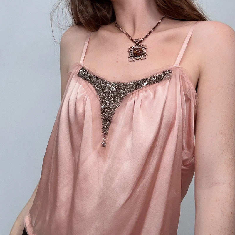 pink silk floaty studded bead neck vest