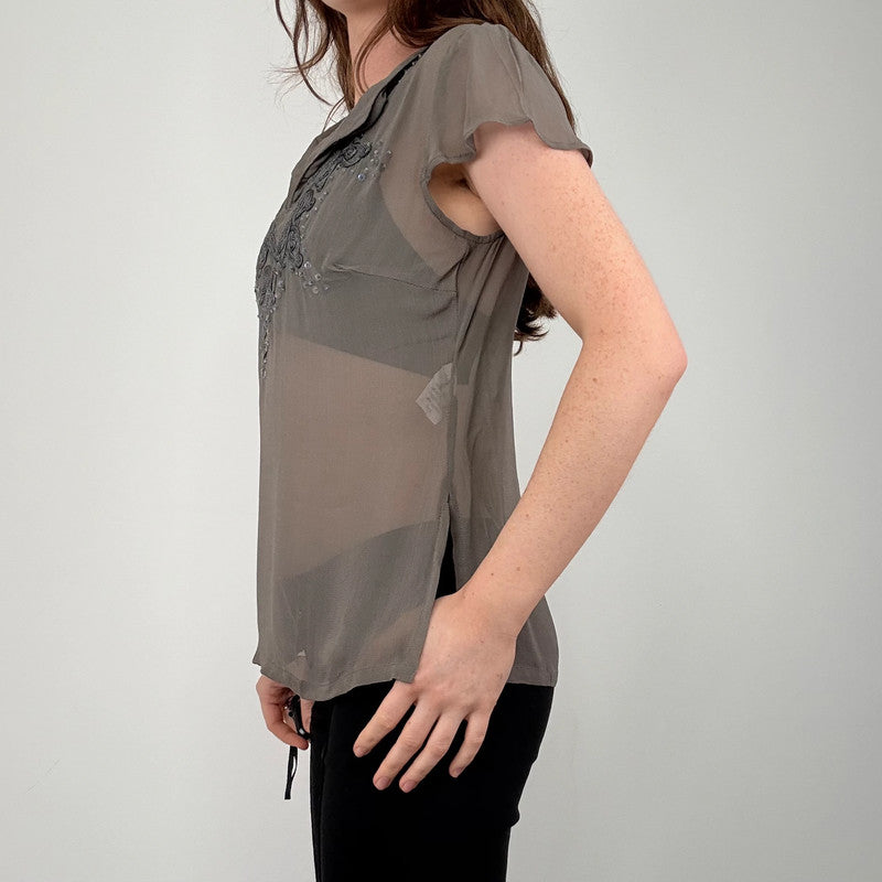 grey sheer beaded flutter shirt