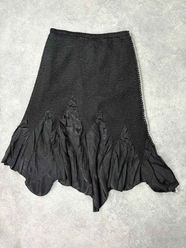 Black crinkle pleated cinched ruffle maxi skirt