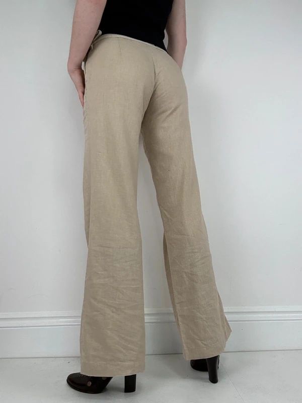 low rise tie waist linen flared trousers