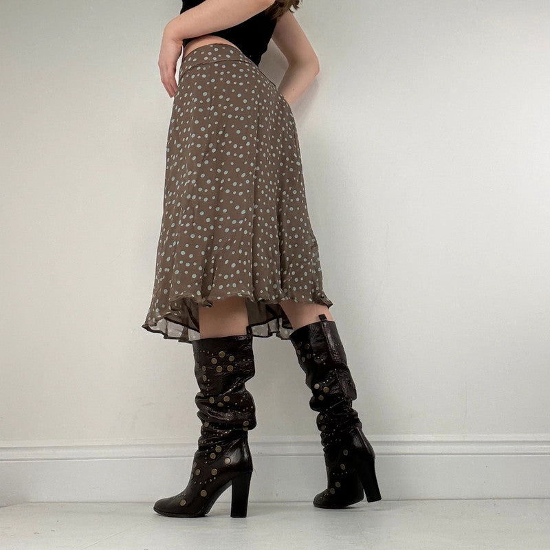 polkadot brown silk flared bias cut midi skirt