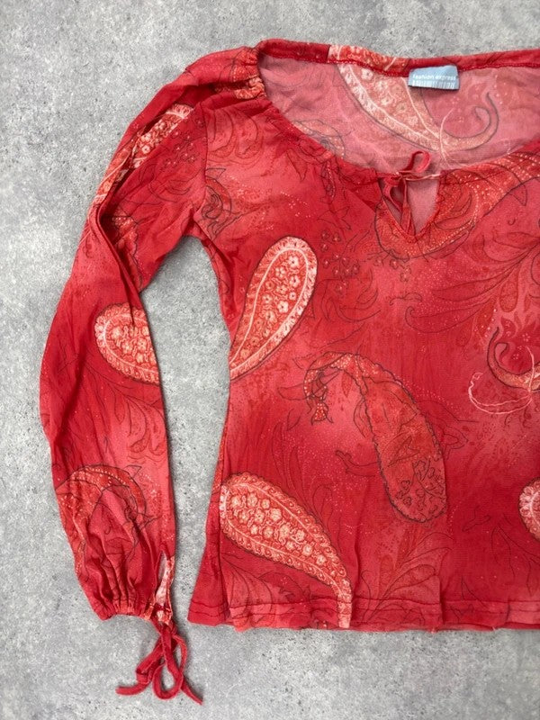 sheer paisley slouchy off-the-shoulder mesh blouse