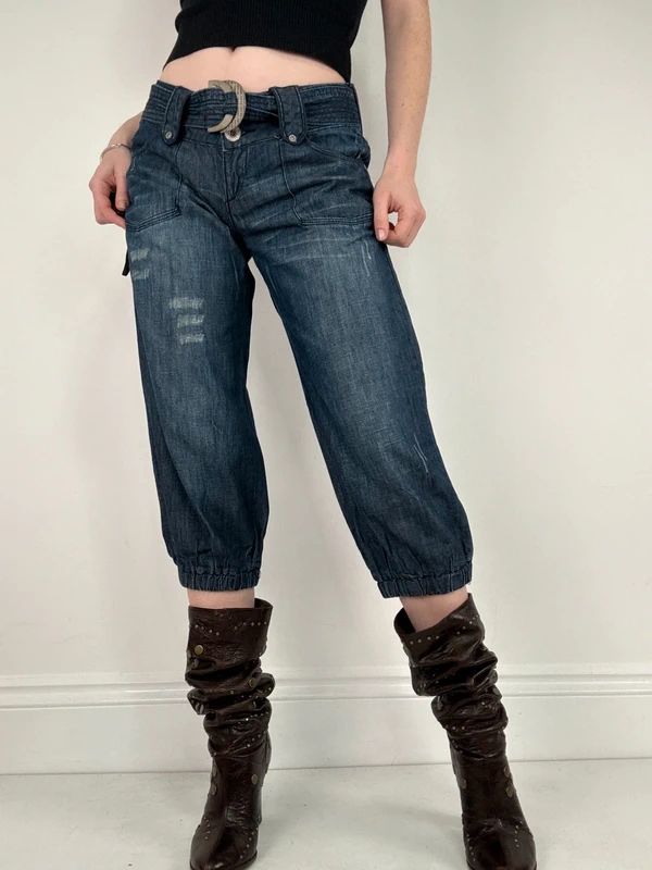 cropped denim puff capri pants