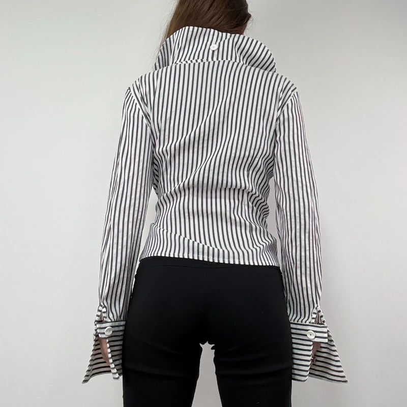 Asymmetric Pinstripe Wrap Ruffle Shirt