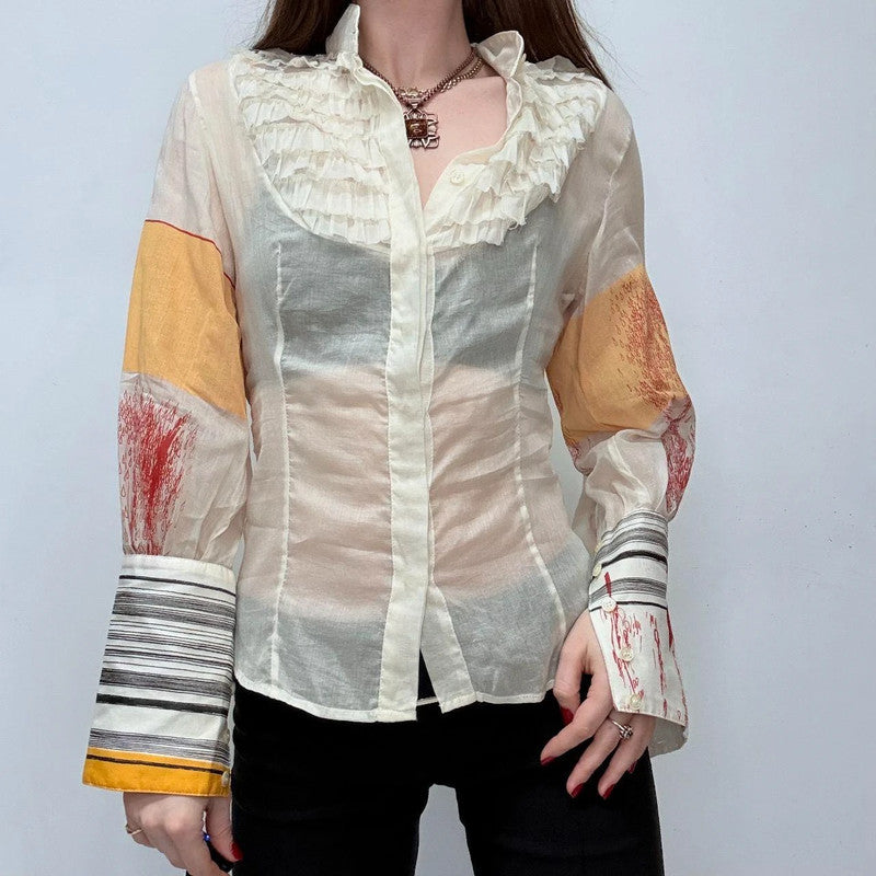 cream ruffle printed sheer shirt