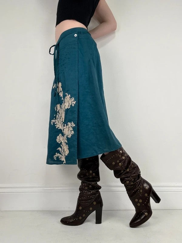 blue linen embroidered wrap lace midi skirt