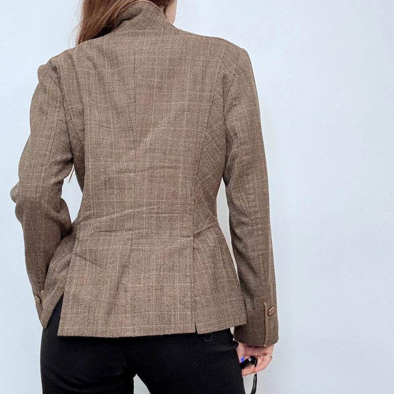 brown tweed high neck popper jacket