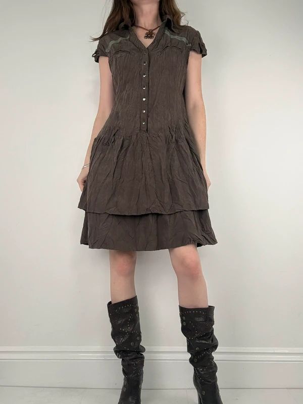 brown crinkle layered shirt dress