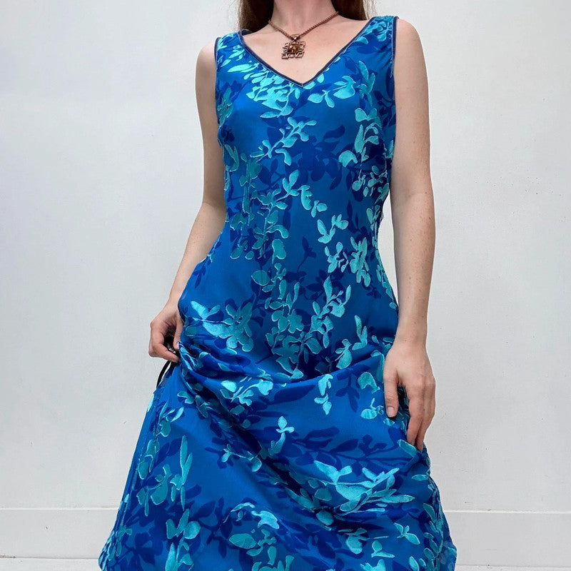 blue floral embossed silk bias cut dress
