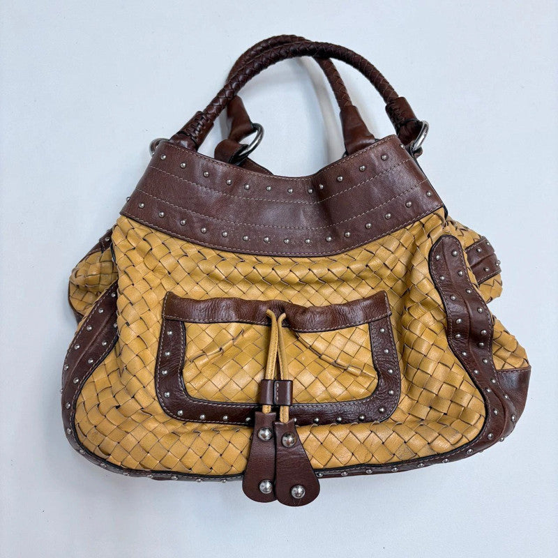 woven leather studded slouchy shoulder bag