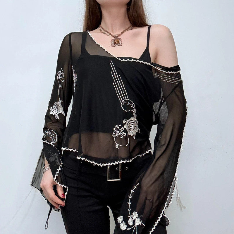 sheer flared embroidered gothic fairy shirt