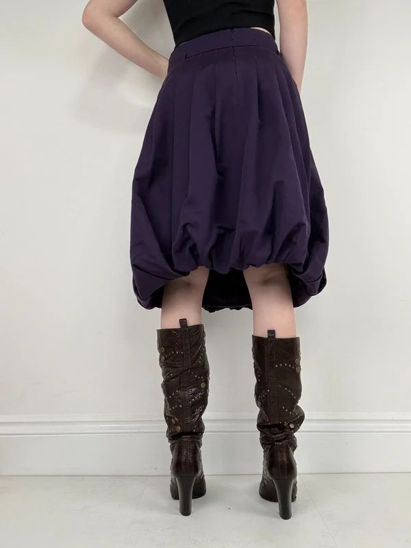 pleated puff balloon purple midi silk cotton skirt