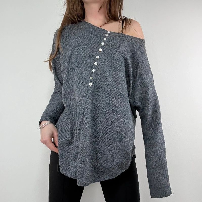 grey henley button detailed slouchy off the shoulder t-shirt