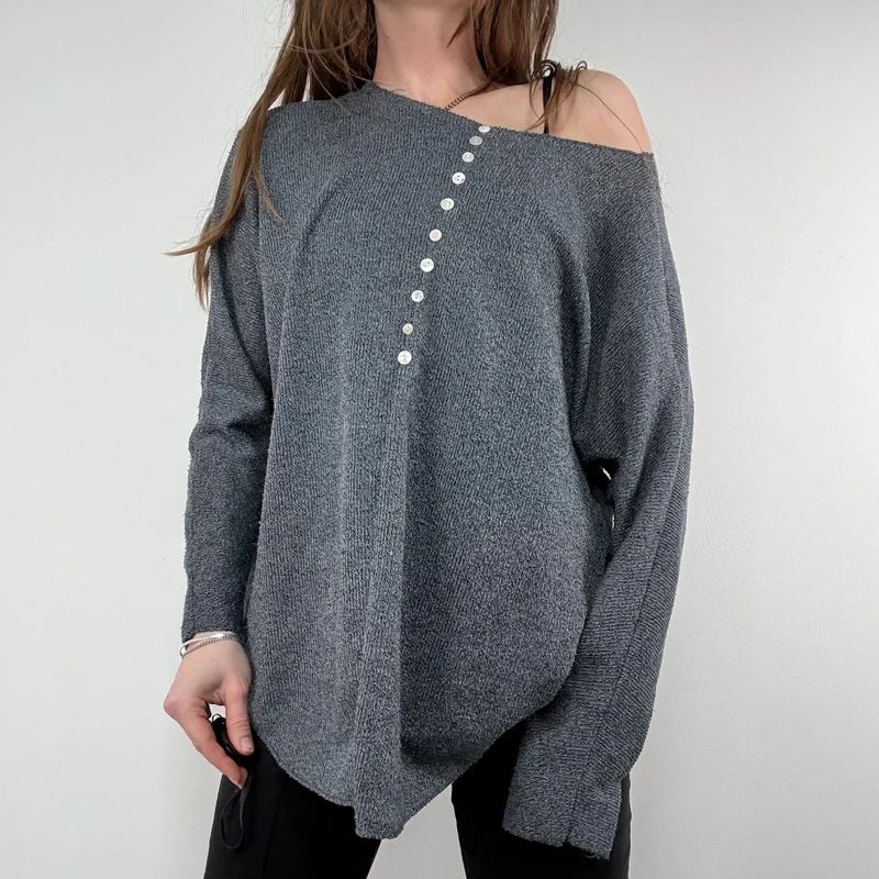 grey henley button detailed slouchy off the shoulder t-shirt