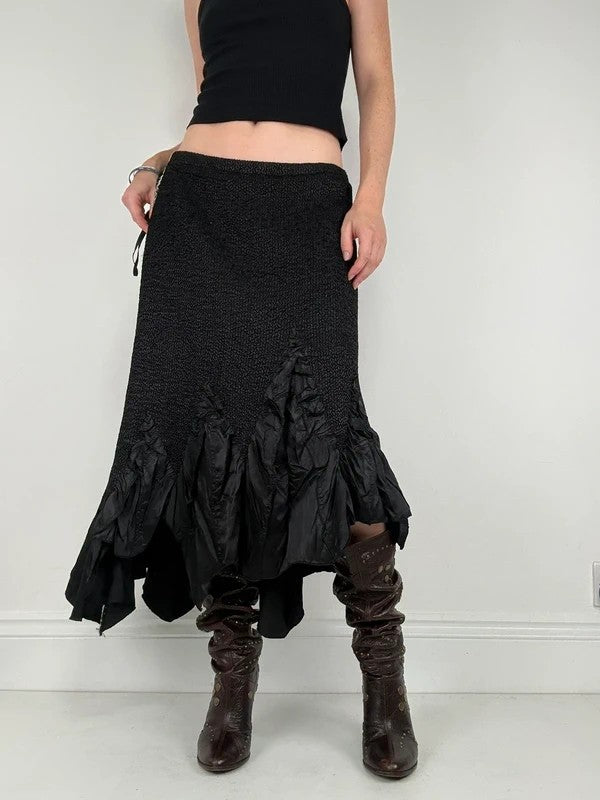 Black crinkle pleated cinched ruffle maxi skirt