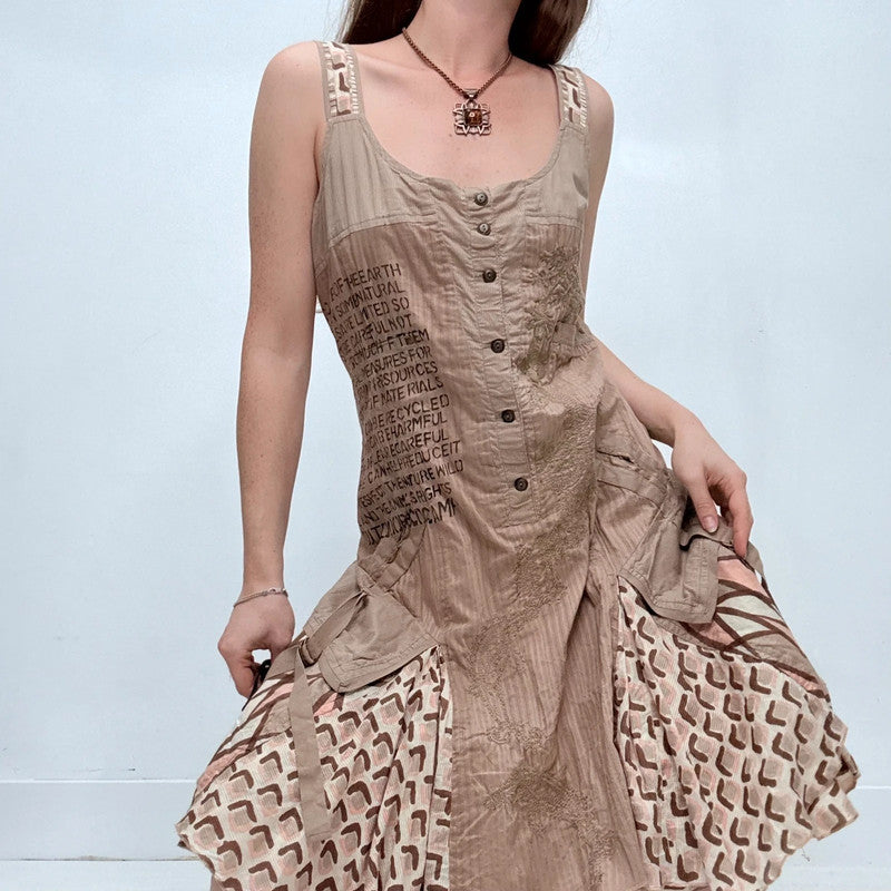 brown flared pinstriped patchwork grunge dress