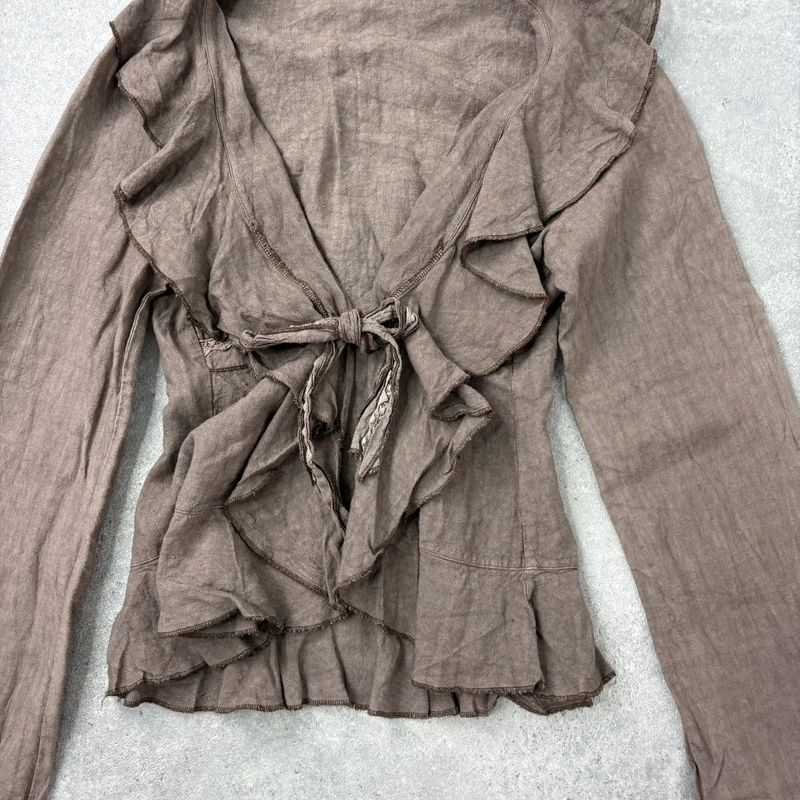 brown linen flared fitted ruffle shirt