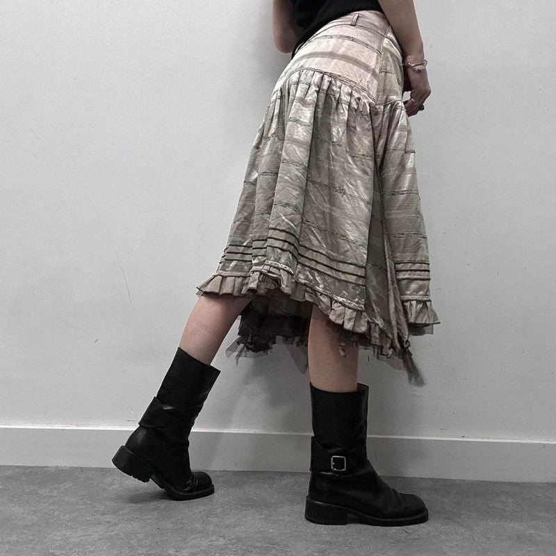 pinstripe ruffle satin midi skirt