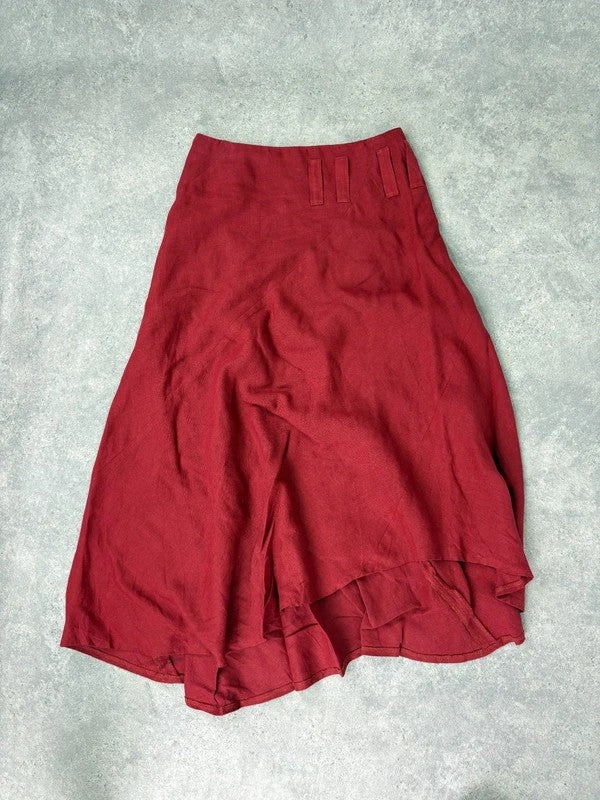 red linen bias cut asymmetric maxi skirt