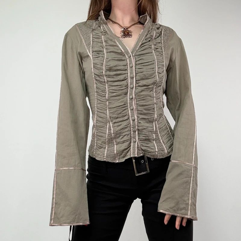 Khaki Gathered Lace Corset Shirt