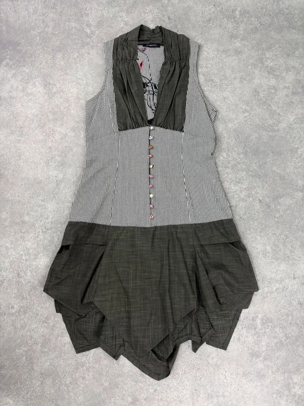 striped asymmetric khaki drop waist midi dress