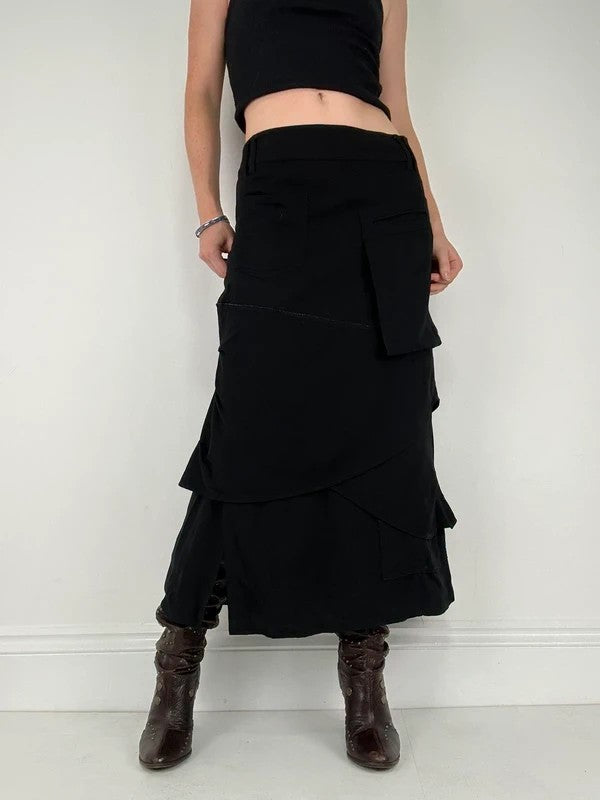 Black layered french flared asymmetric maxi skirt