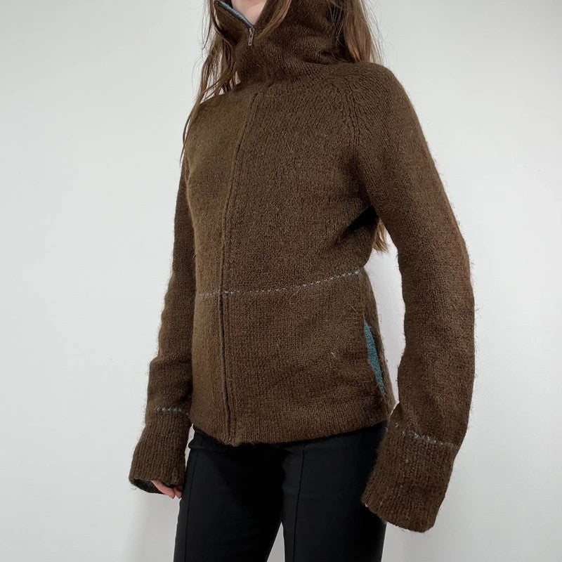 brown knit flared zip through cardigan