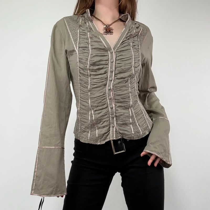 Khaki Gathered Lace Corset Shirt