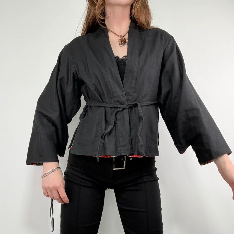 black linen boxy cropped kimono jacket