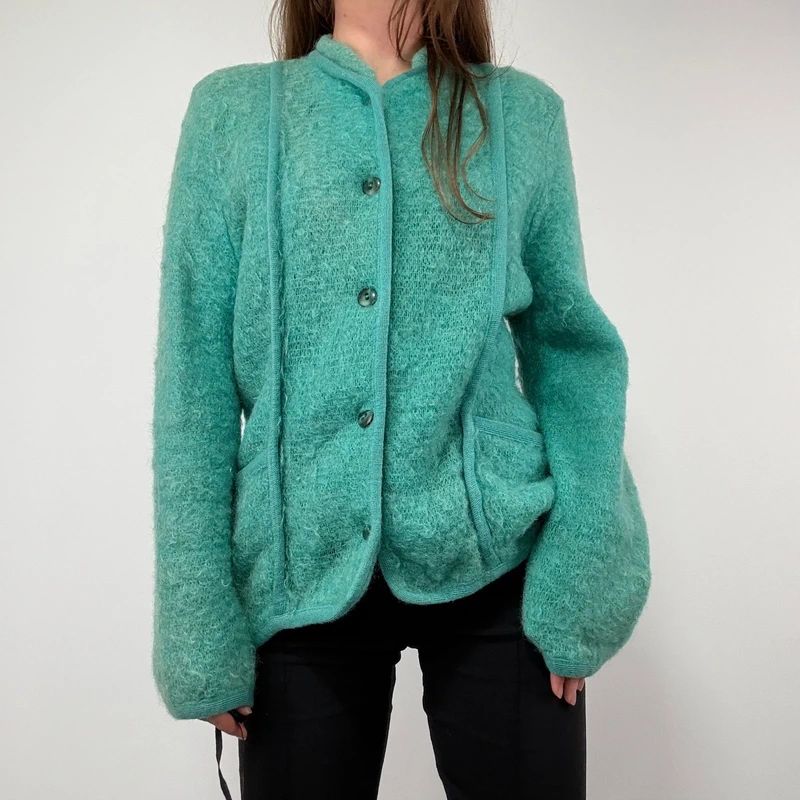 Green Mohair panelled Slouchy Cardigan knit
