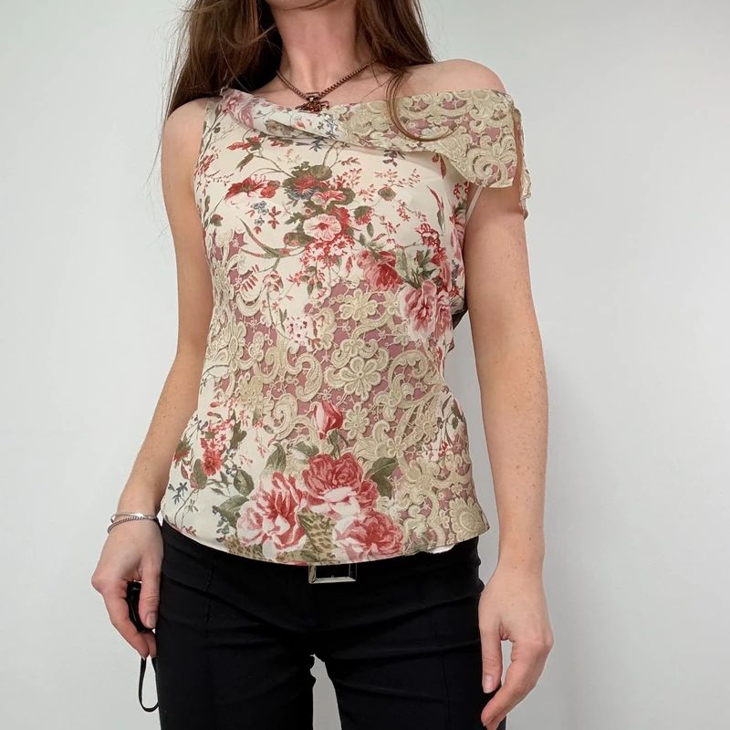 Lace Print cowl neck Drape Vest