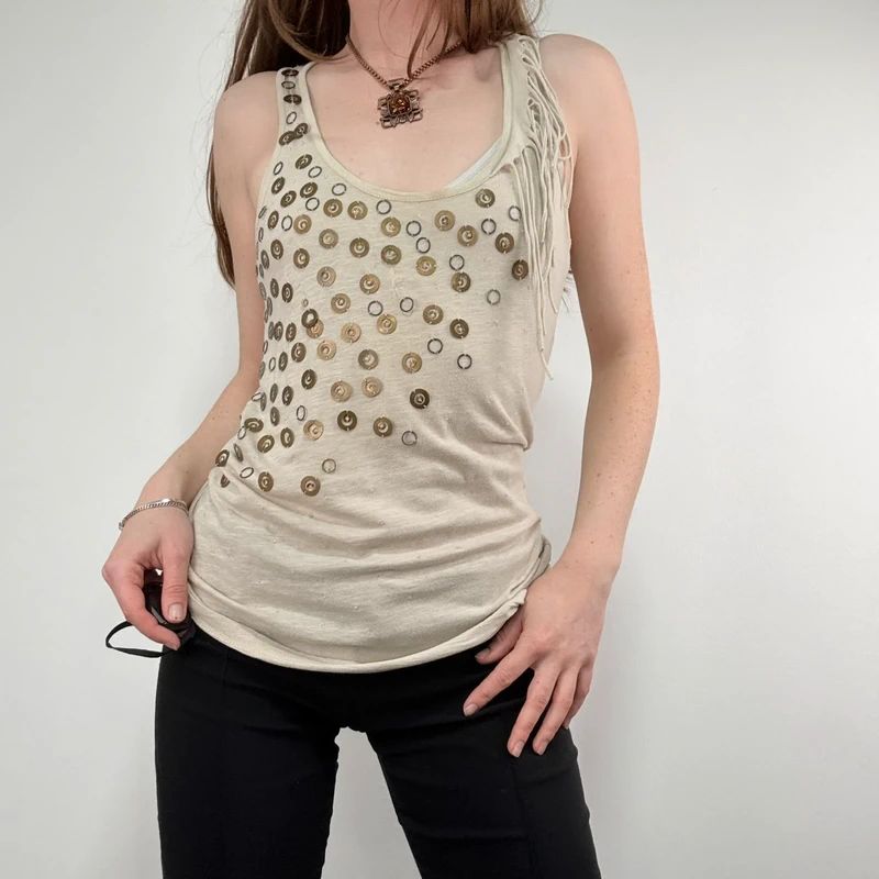slouchy tan metal studded embelsihed vest top