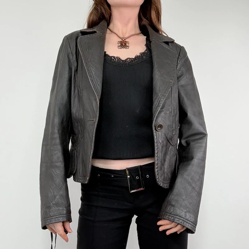 cropped dark brown leather jacket