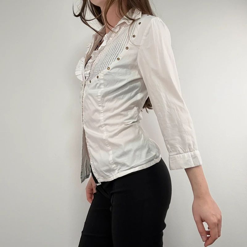 white pleated studded cotton napoleonic Morgan shirt
