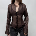 brown sheer silk pinstripe ruffle shirt