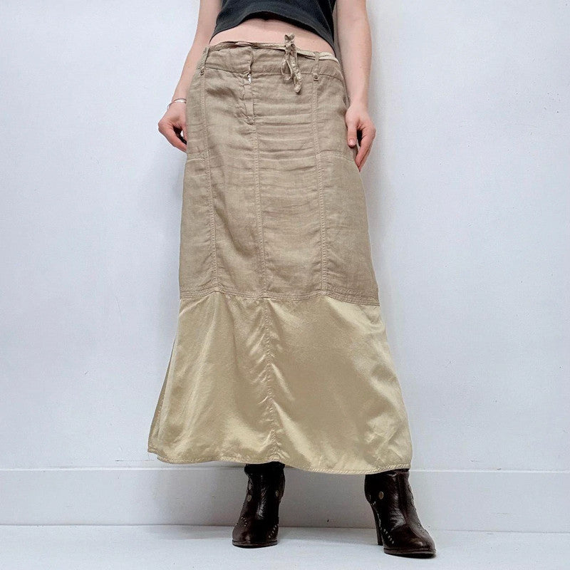 tan linen silk  a-line maxi skirt