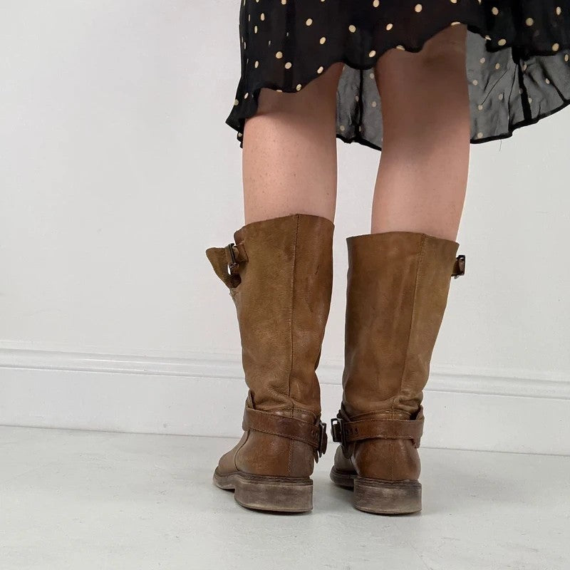 Tan leather buckle biker boots