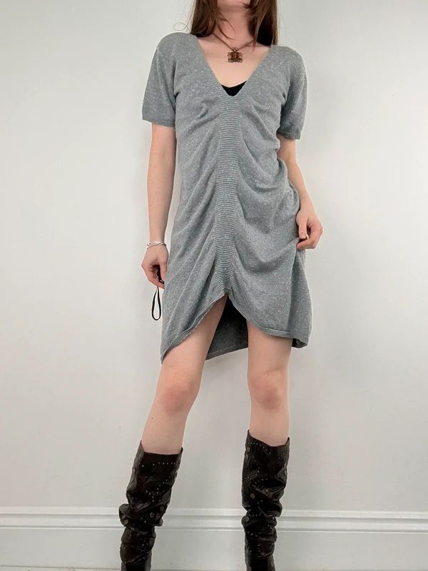 grey gathered draped front asymmetric dress