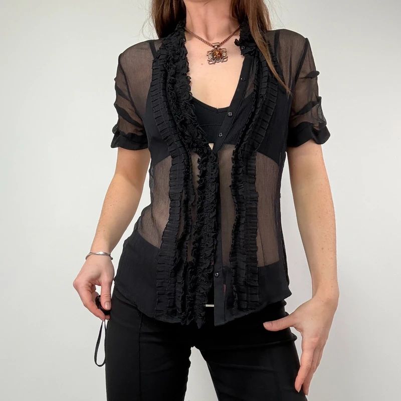 black sheer silk ruffle shirt with short sleeves